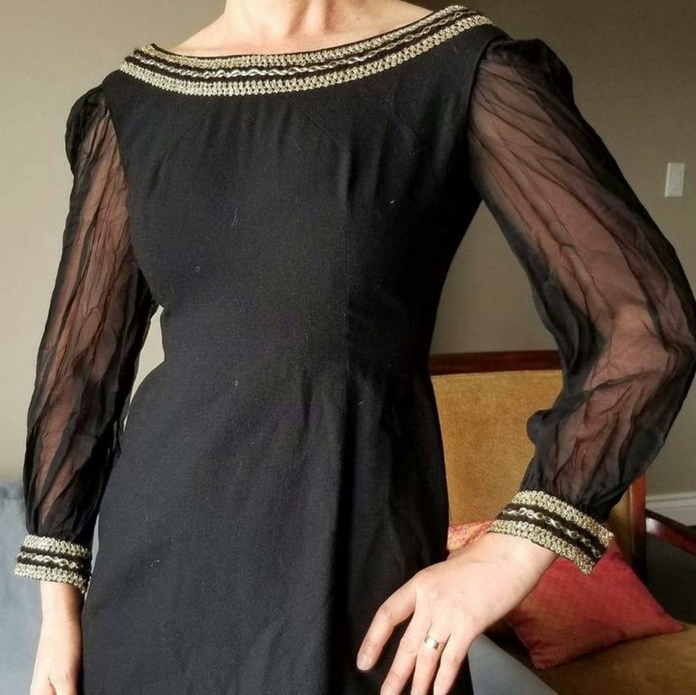 50's Gold Soutache Chiffon Balloon Sleeves Dress